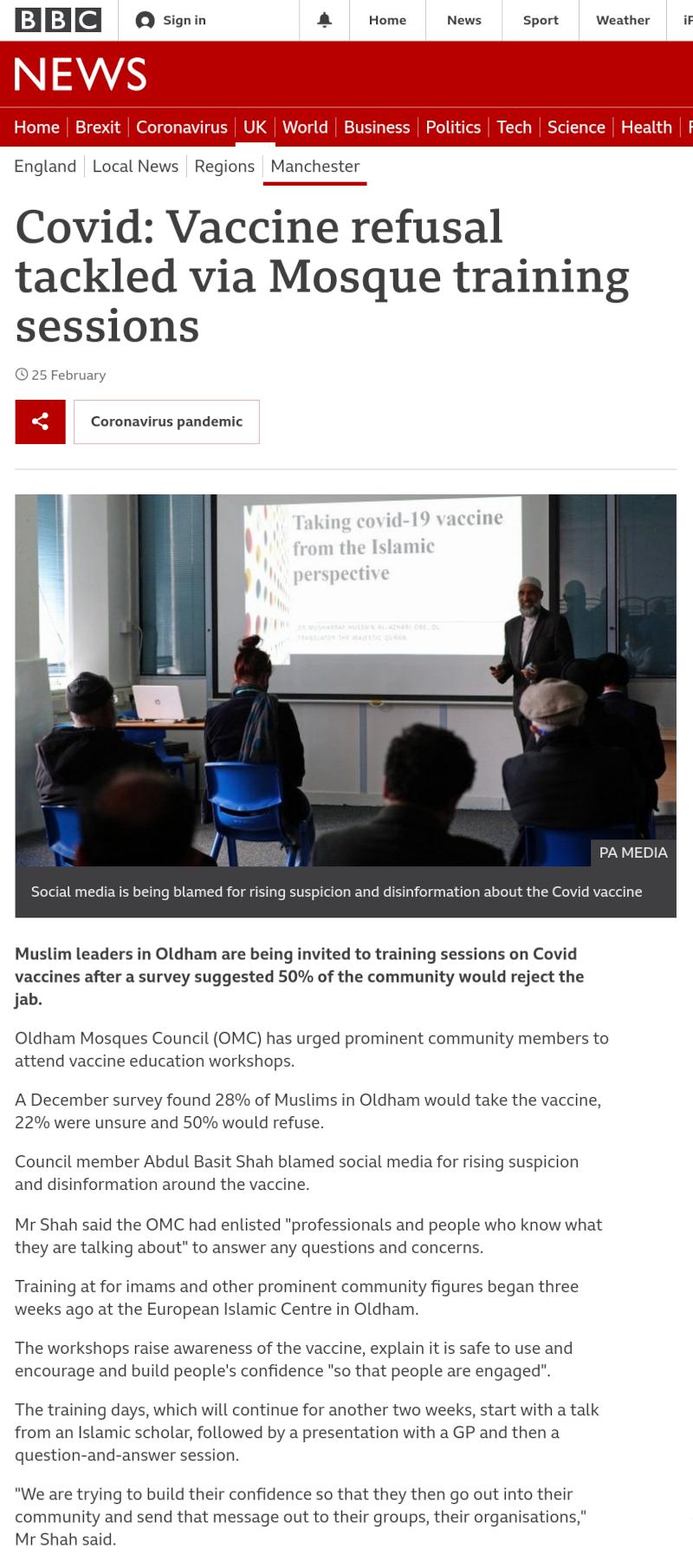BBC News article on OMC Covid Vaccine Training